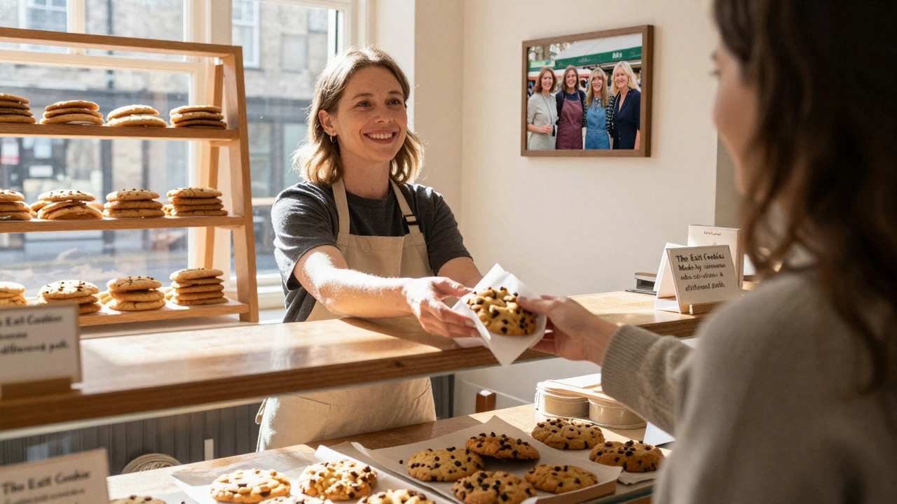 A bakery worker hands a customer a cookie labeled &#039;The Exit Cookie&#039; with a smile.