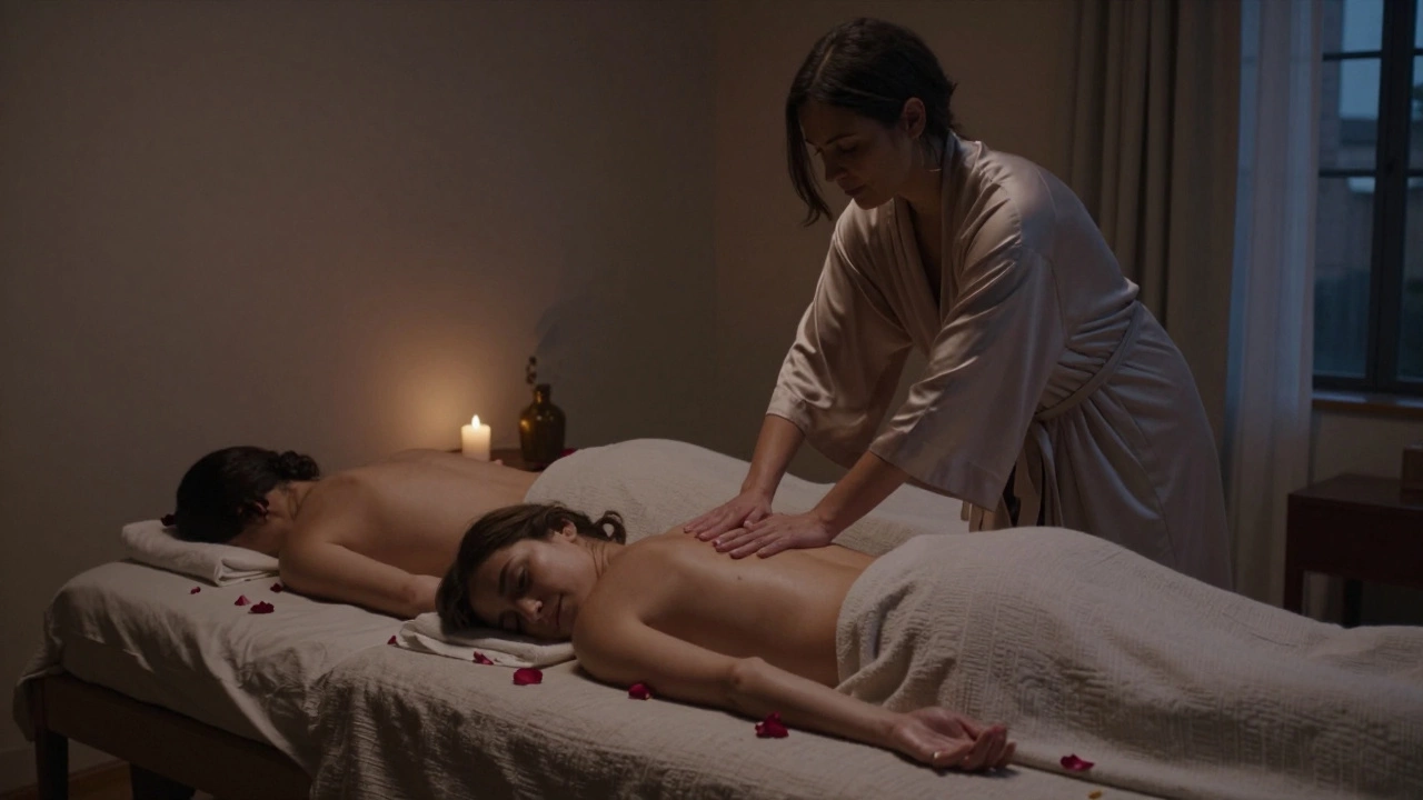 A gentle couples massage in a boutique hotel room, focused on relaxation and connection.