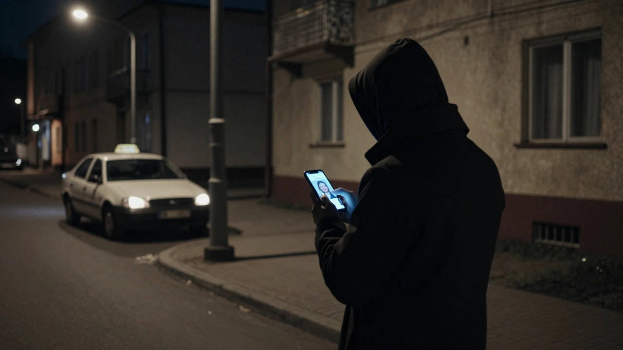 A person standing outside a residential building, holding a phone with a companion service profile.