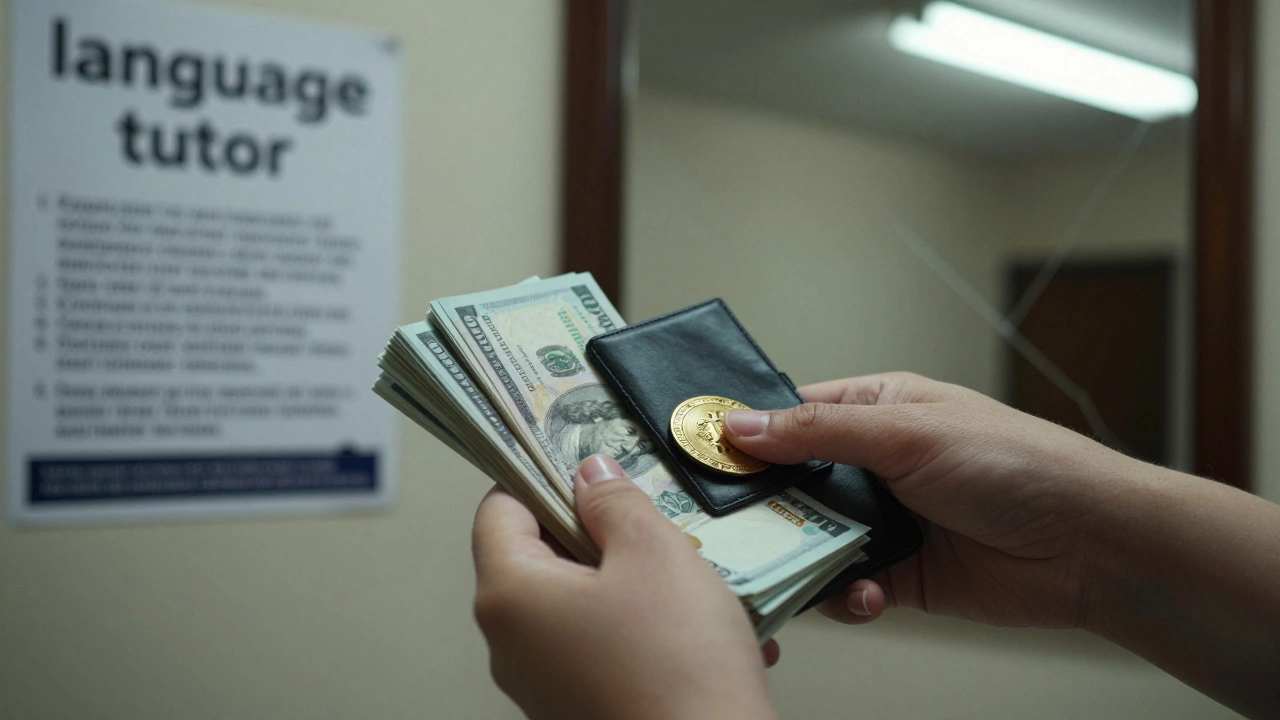 Hands holding cash and a cryptocurrency wallet amid discarded escort service flyers.